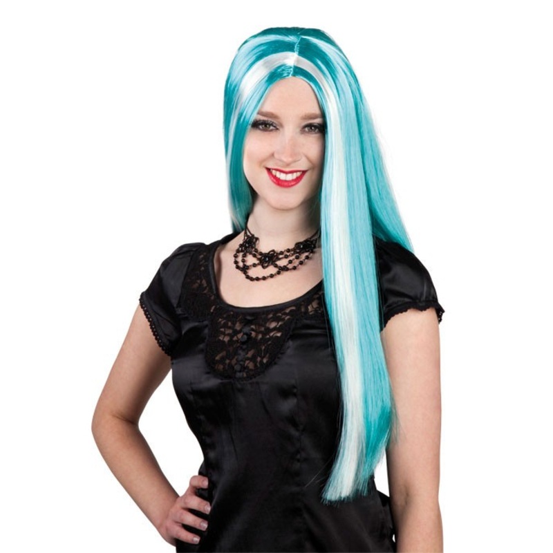 Halloween wig long hair turquoise white
