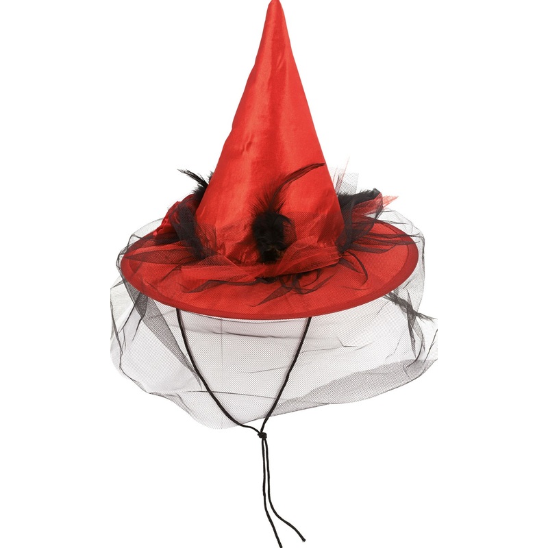 Red witch hat with tulle and cord