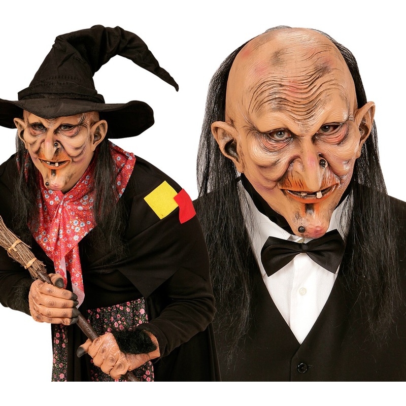 Resistant witch head horror mask with hair