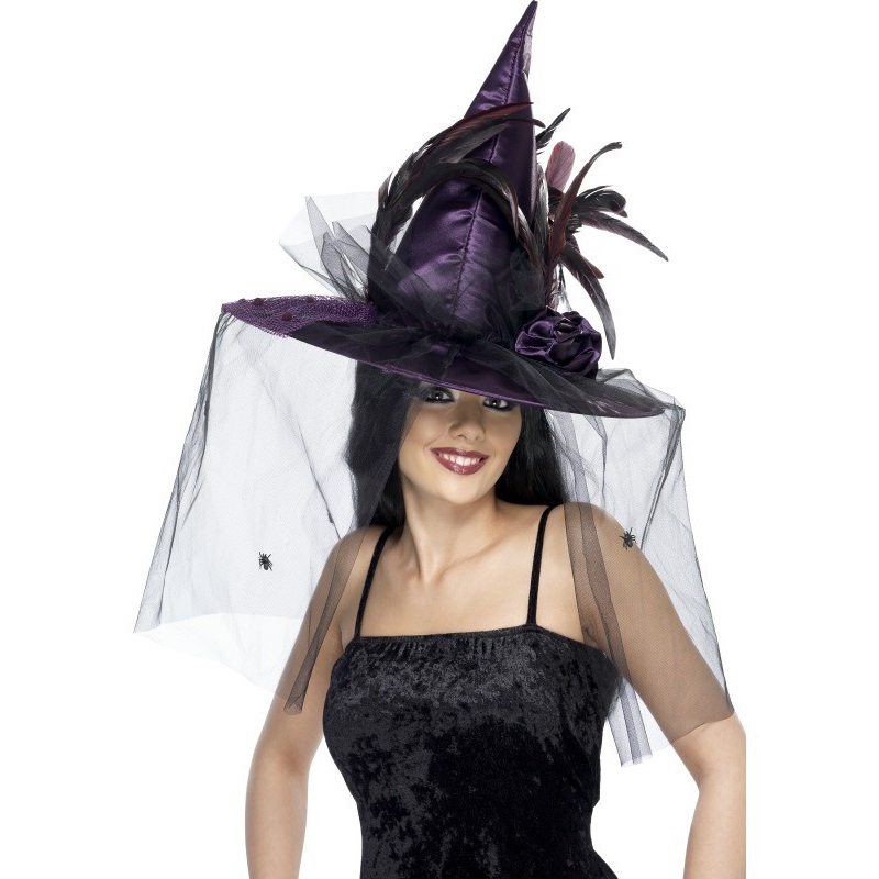 Witch hat detailed feathers veil purple