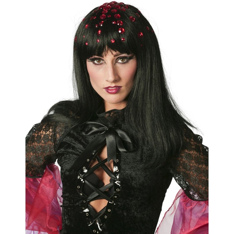 Black long hair wig Diabola with red decorative stones