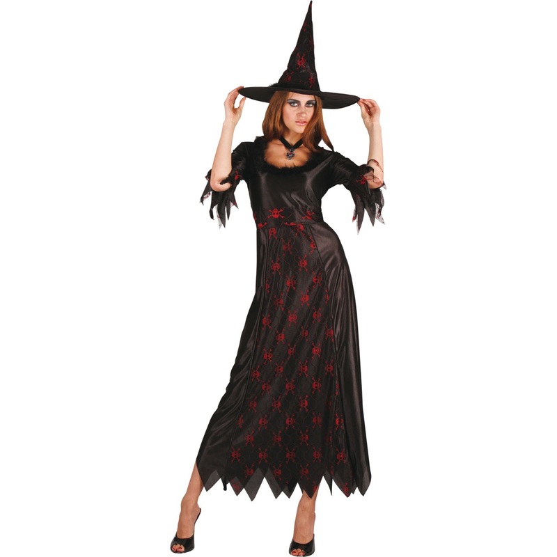 Halloween costume witch with skulls black red