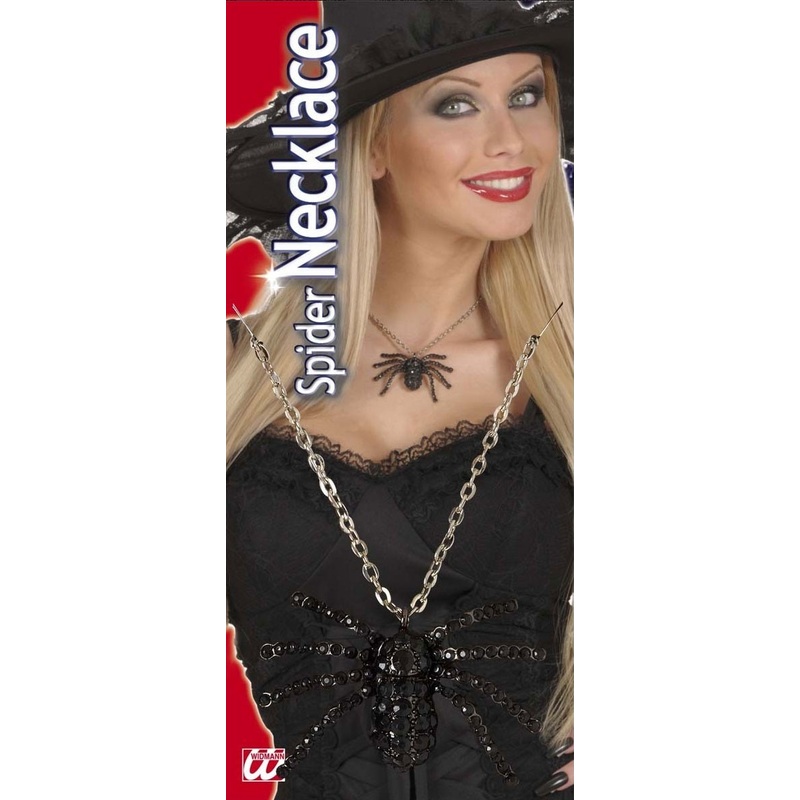 Necklace with horror spider and rhinestones