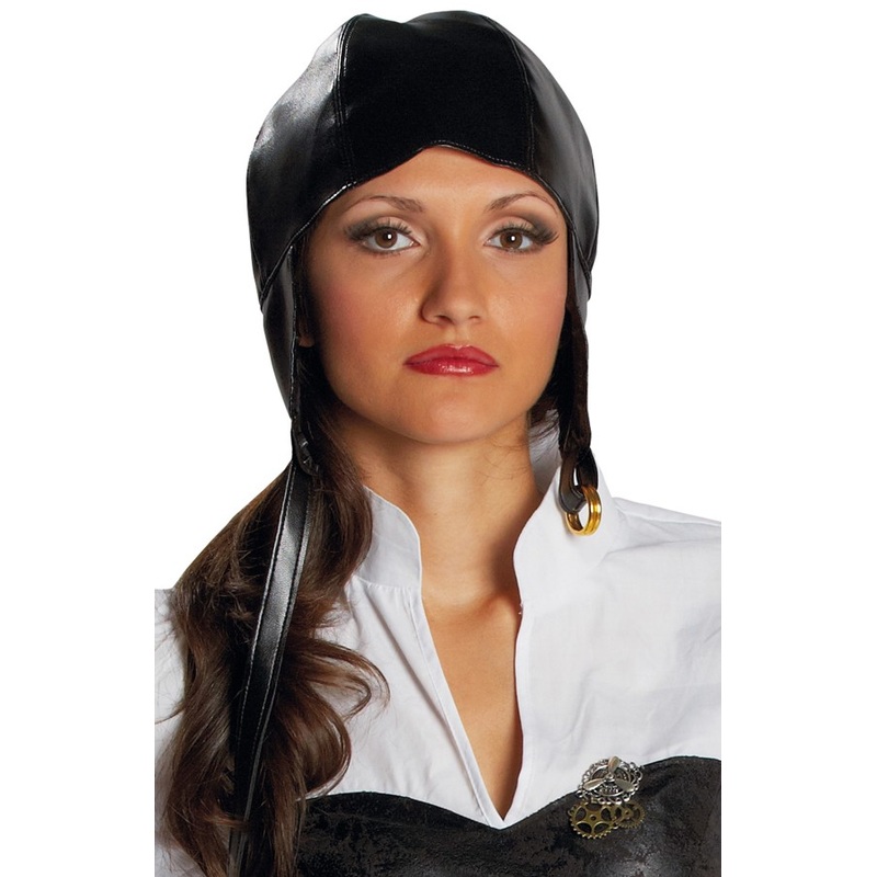 Black retro aviator hat with fastening tape