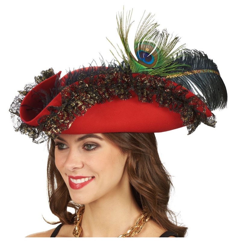 Elegant tricorn hat for women red with frills