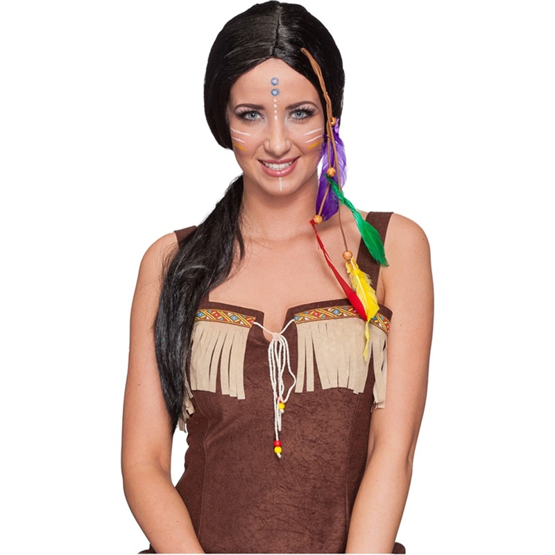 Indian woman wig with colorful feathers