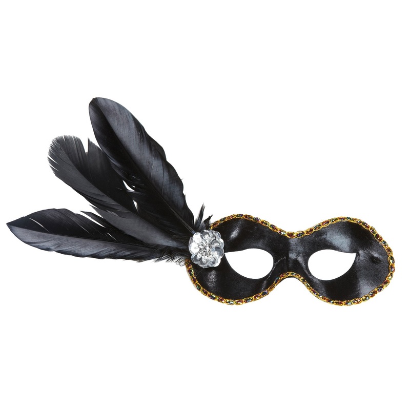 Black domino mask with feather decoration