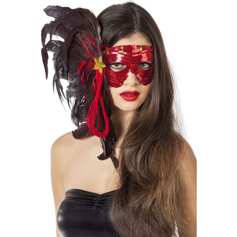 Red metallic mask Talia with feathers
