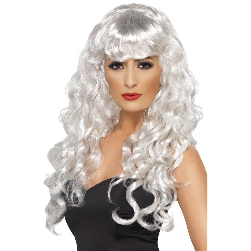 Wig long hair curls white with bangs