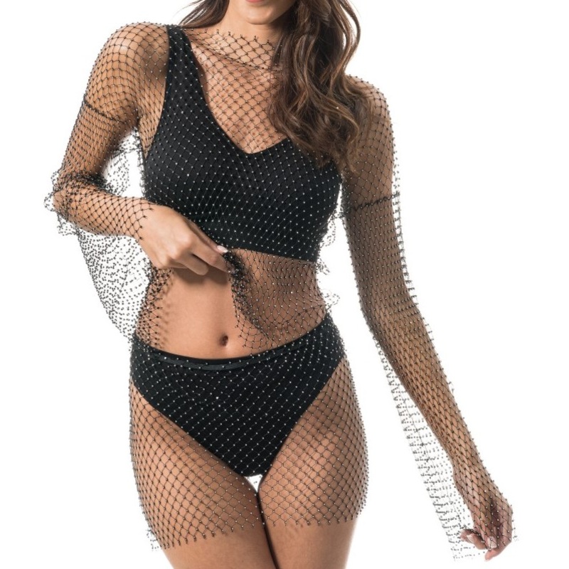 Black mesh top with rhinestones