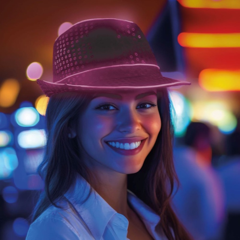 Black sequin hat with pink light band