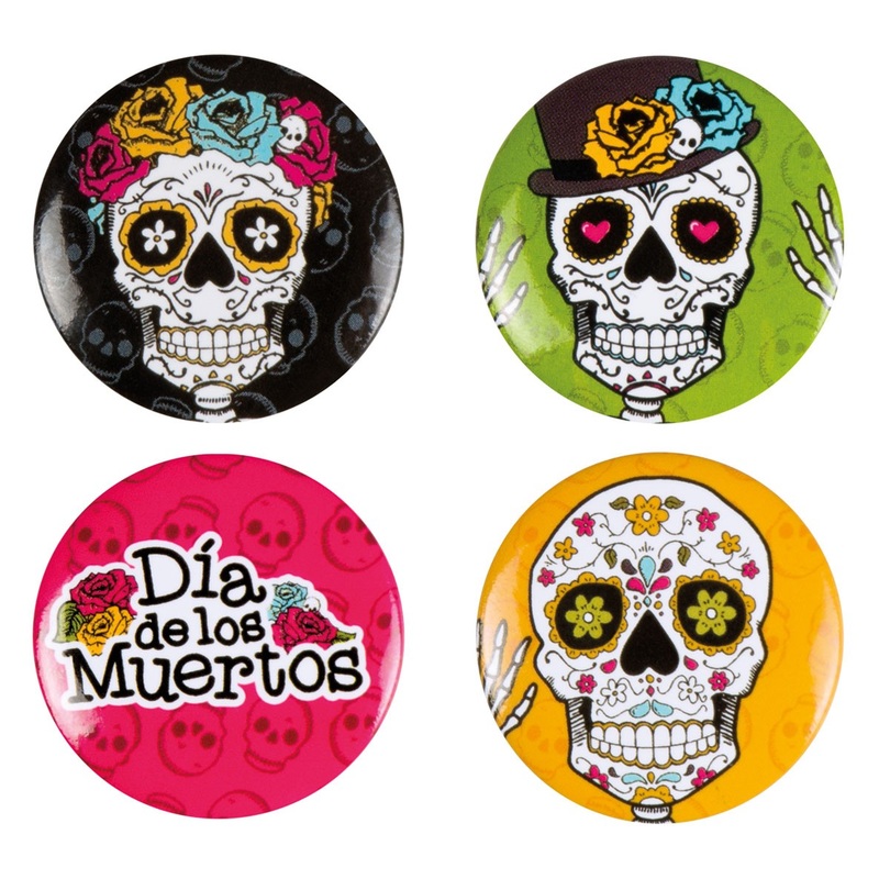4 Day of the Dead Pin Badges 3cm