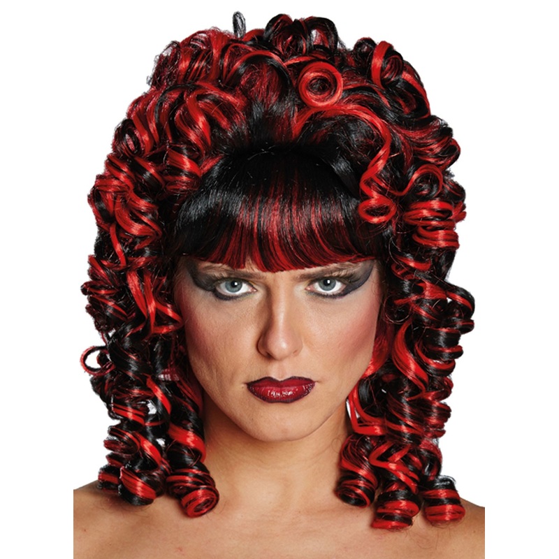 Curly red black wig with bangs