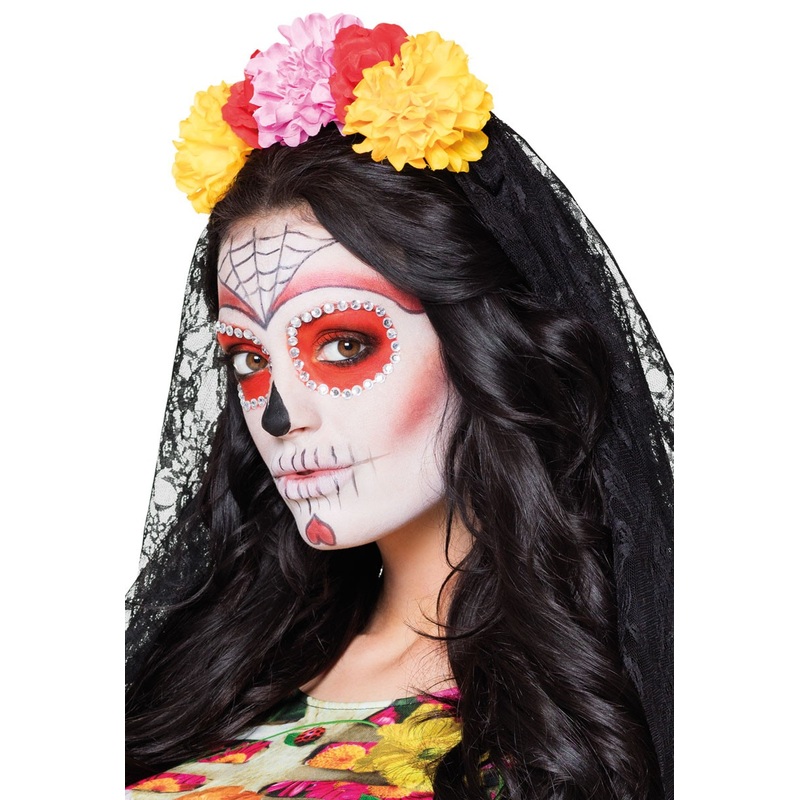 Dia De Muertos headband with veil and wreath of flowers