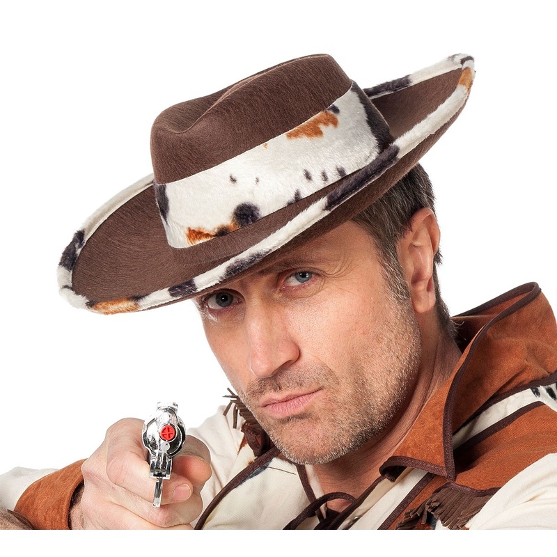 Brown cowboy hat with cowhide pattern