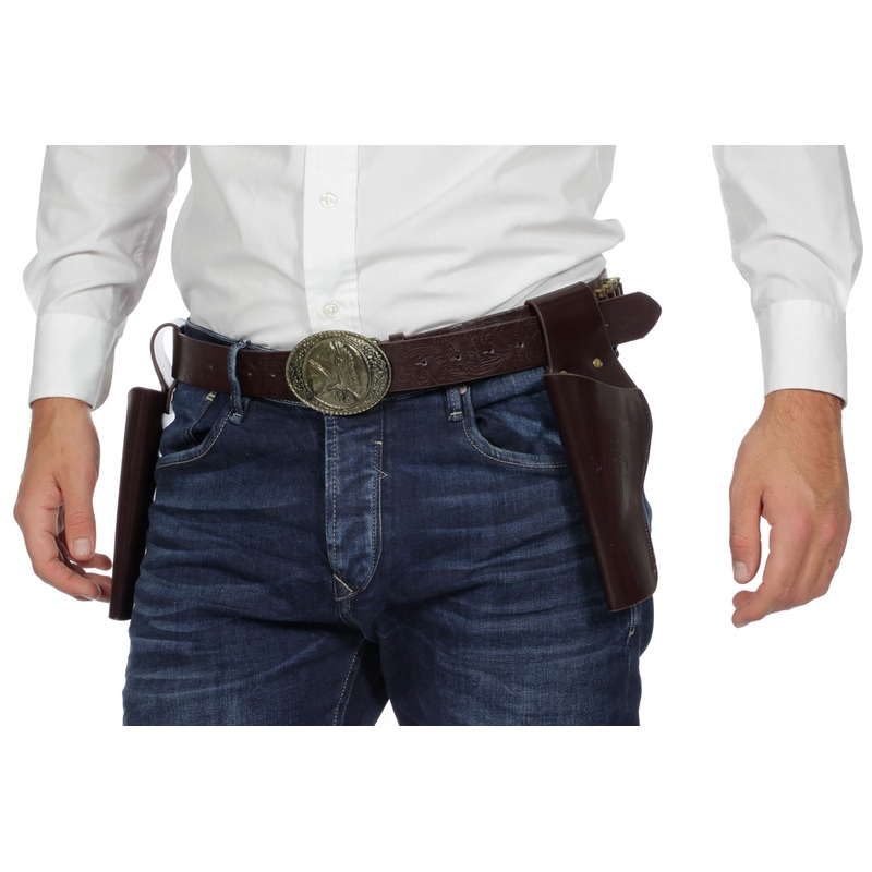 Brown double holster including belt