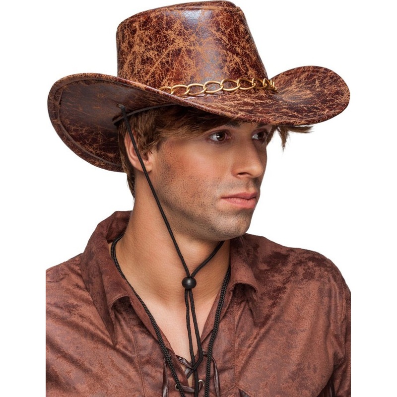 Cowboy hat in leather look with gold chain