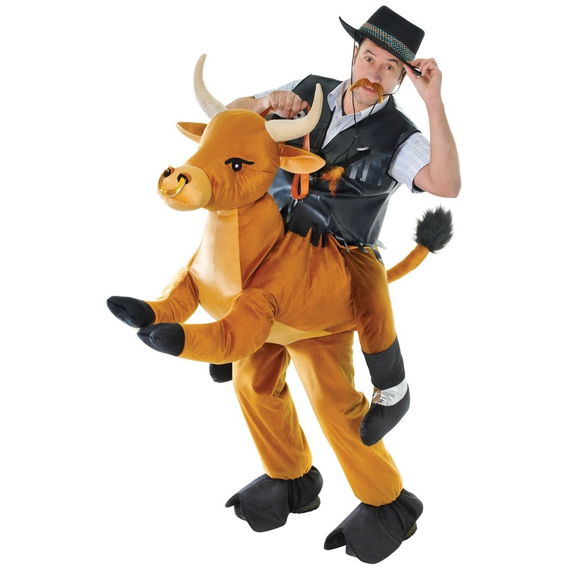 Cowboy piggybacking on bull costume