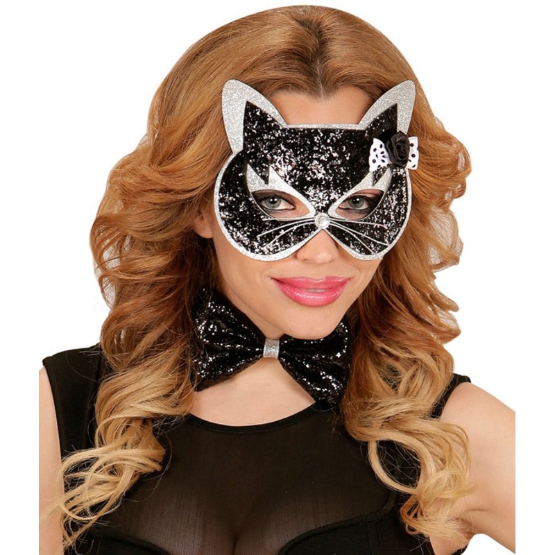 Glittering cat mask with glitter bow tie