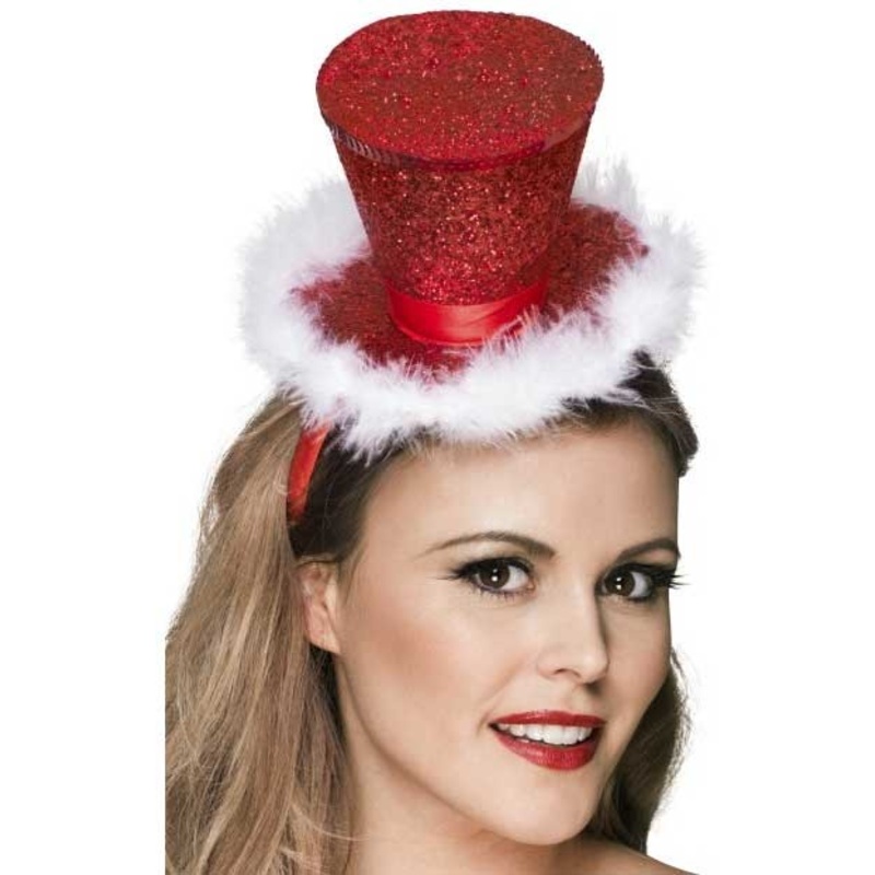 Red glitter mini hat with marabou feathers