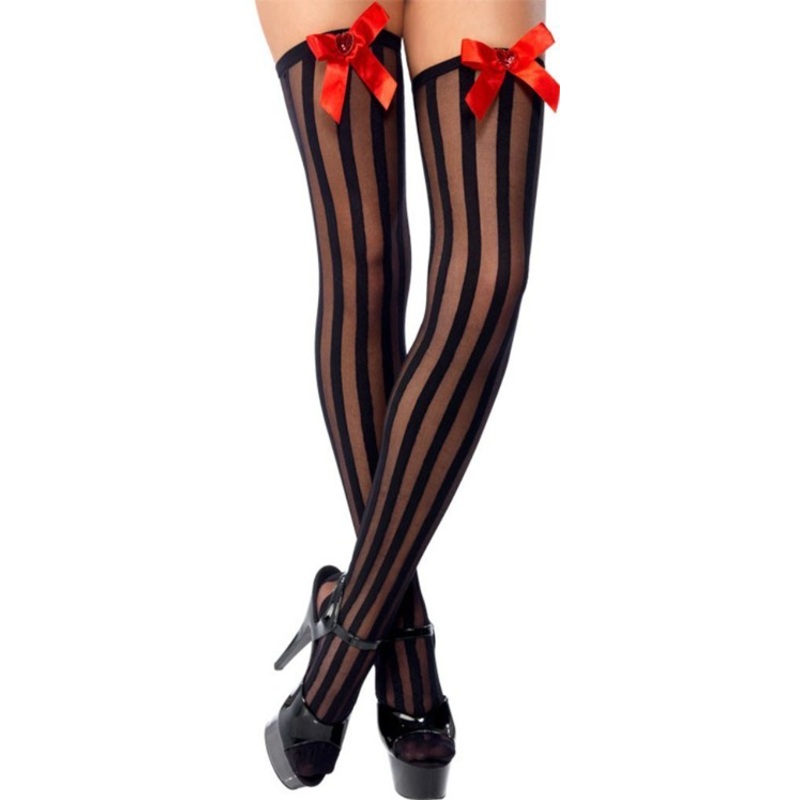 Overknees stockings black red bow stripes hold-ups
