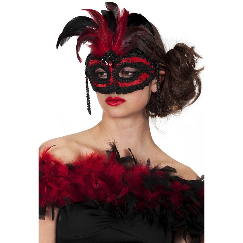 Red-black burlesque eye mask with feathers
