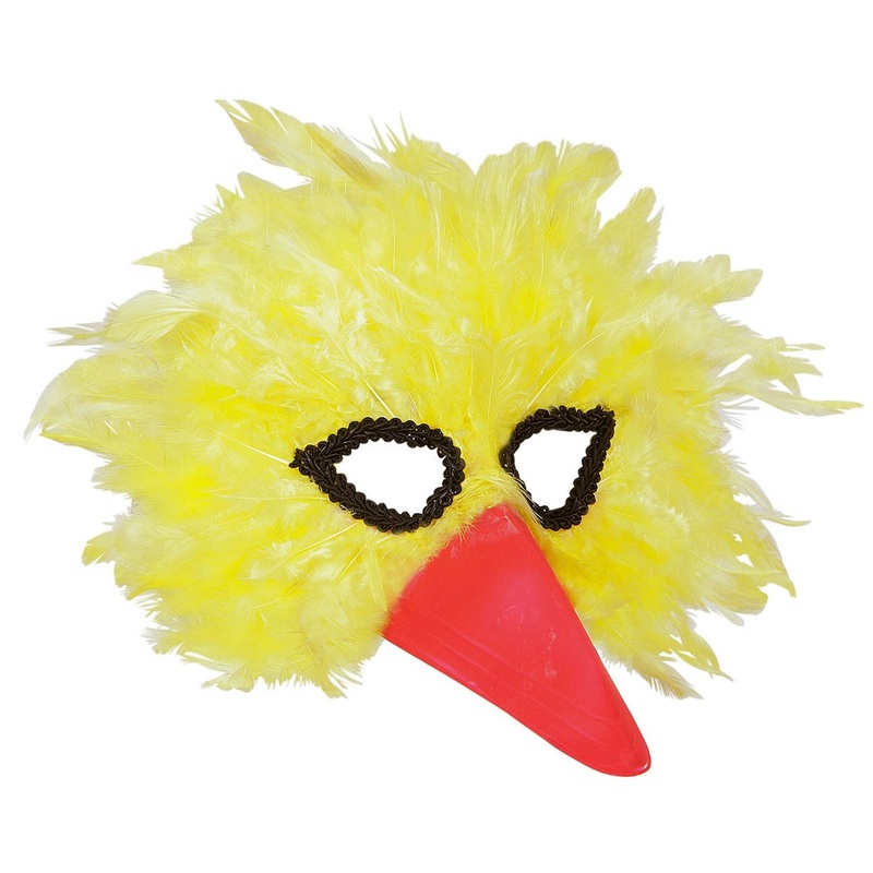 Yellow bird mask with feathers