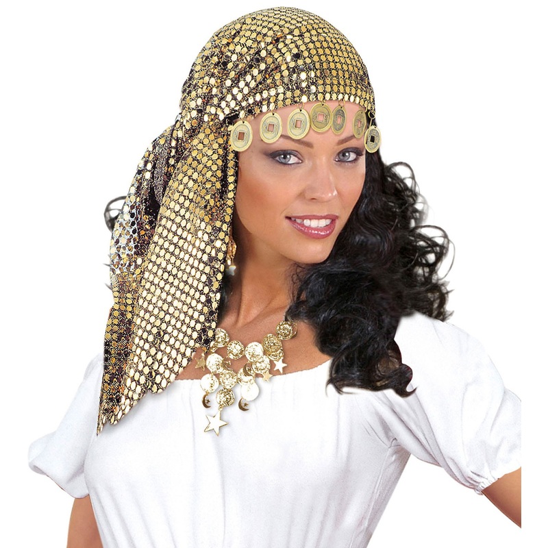 Fortune teller in sequin headscarf with coins