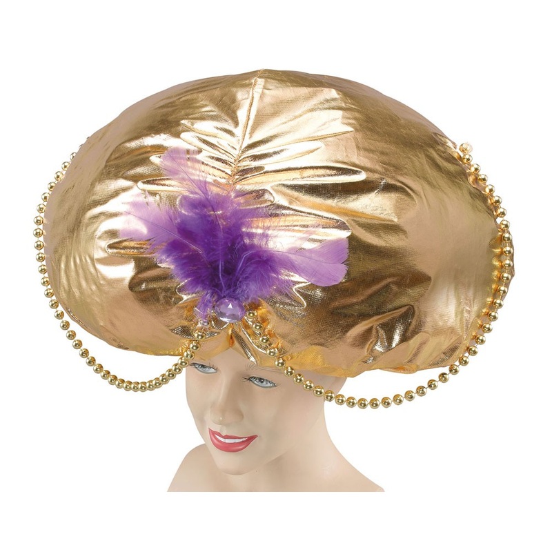 Golden jumbo turban with purple feather