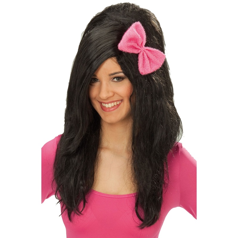 Black long hair wig teased with bow