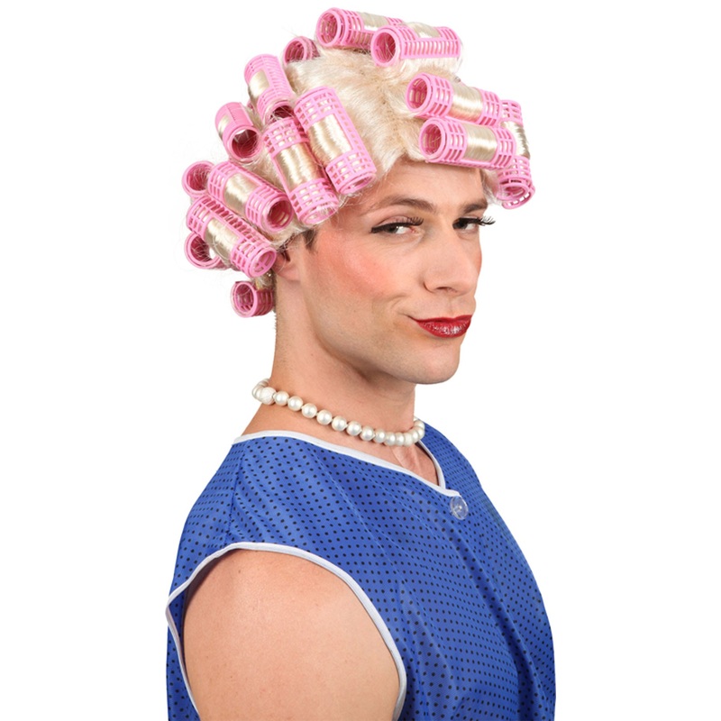 Blonde wig with pink curlers