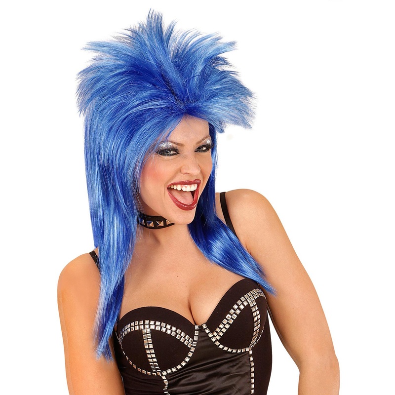 Blue 80s rock star wig
