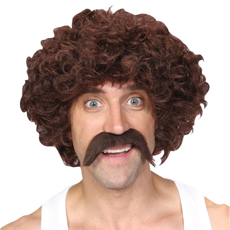 Brown retro dude men's wig with mustache