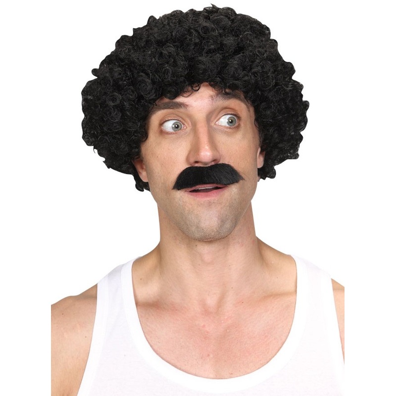 Black curly wig with mustache
