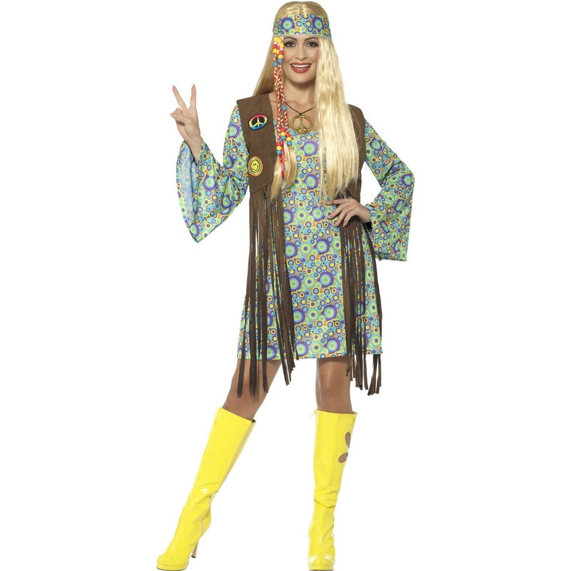 Flower power hippie costume with fringed vest S
