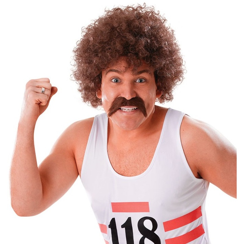 Brown afro wig with mustache