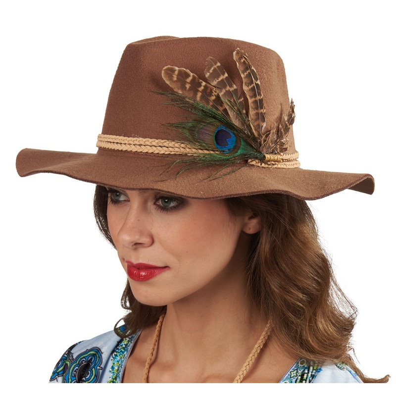 Brown hippie floppy hat with feathers