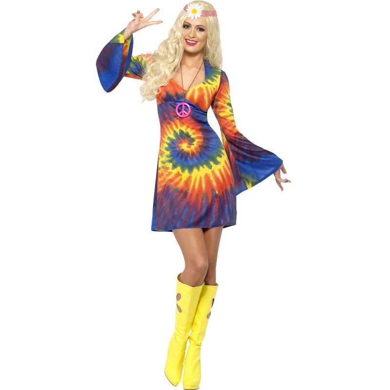 Colorful hippie dress with trumpet sleeves S