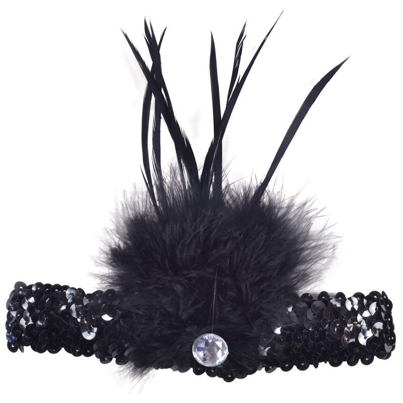 Black flapper sequin headband with feathers