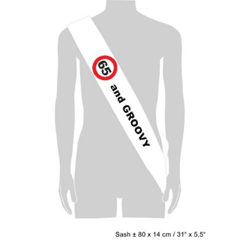 65 and groovy birthday party sash