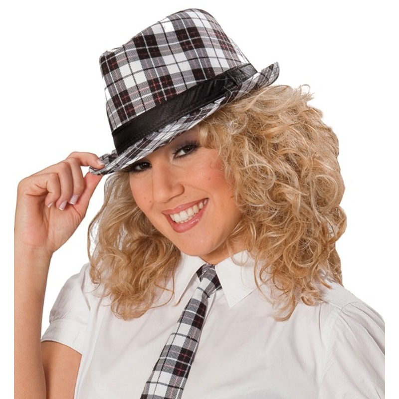 Black, white and red checked fedora hat