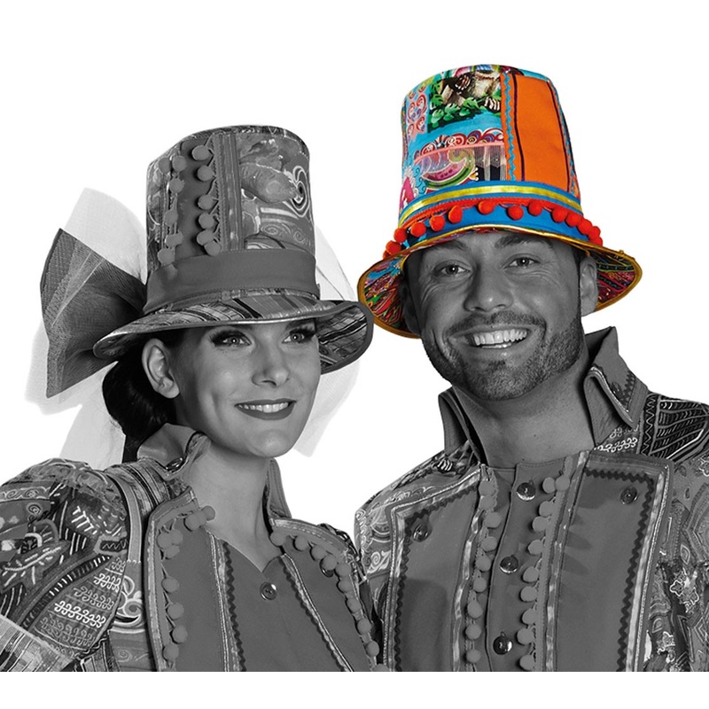 Colorful folk men's hat with pompons