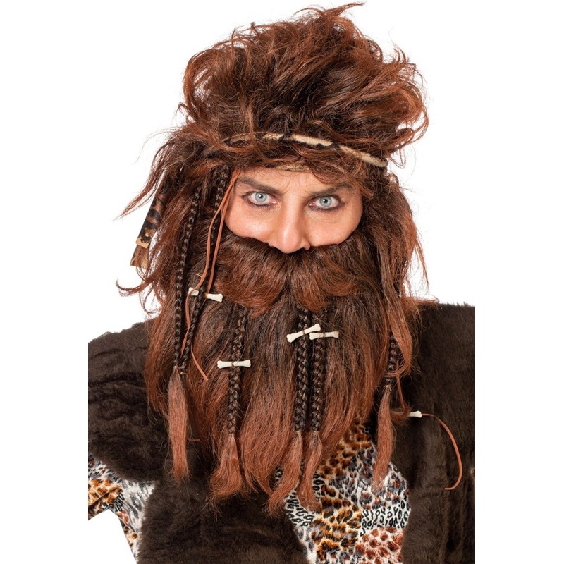 Wild stone age bone men's wig with beard