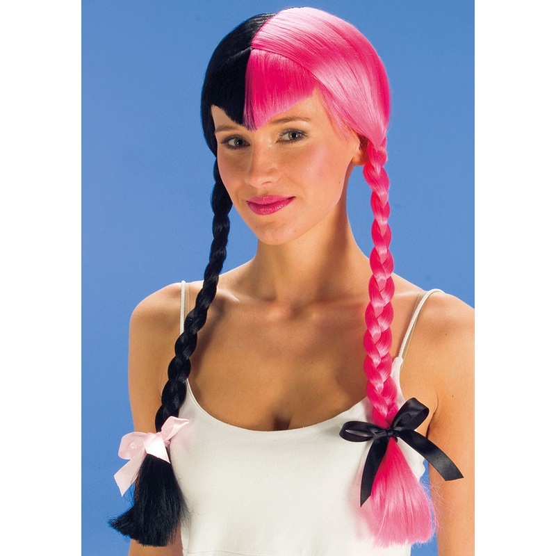 Black and pink pigtail wig